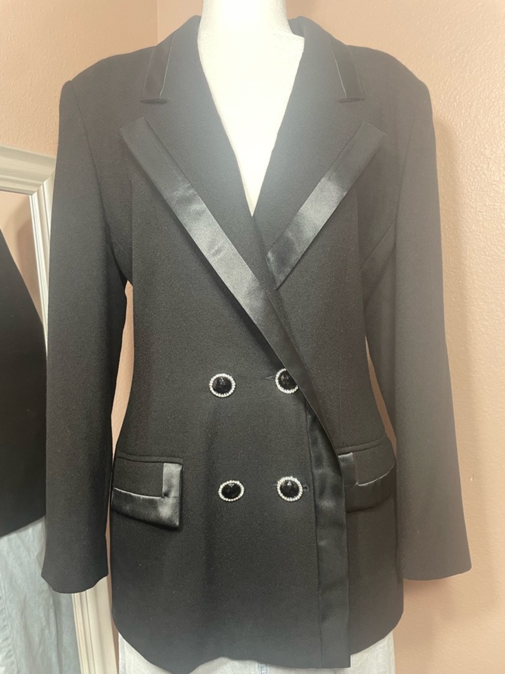 Oleg Cassini Vintage Black‎ Wool Blazer Satin Trim Rhinestone Buttons L